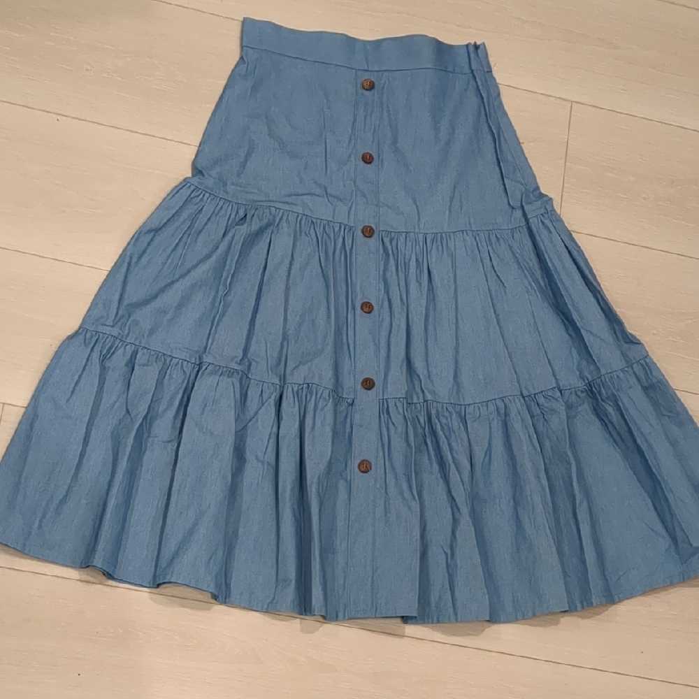 Wear And Flair XXS Cotton Blue Button-Down Tiered Skirt